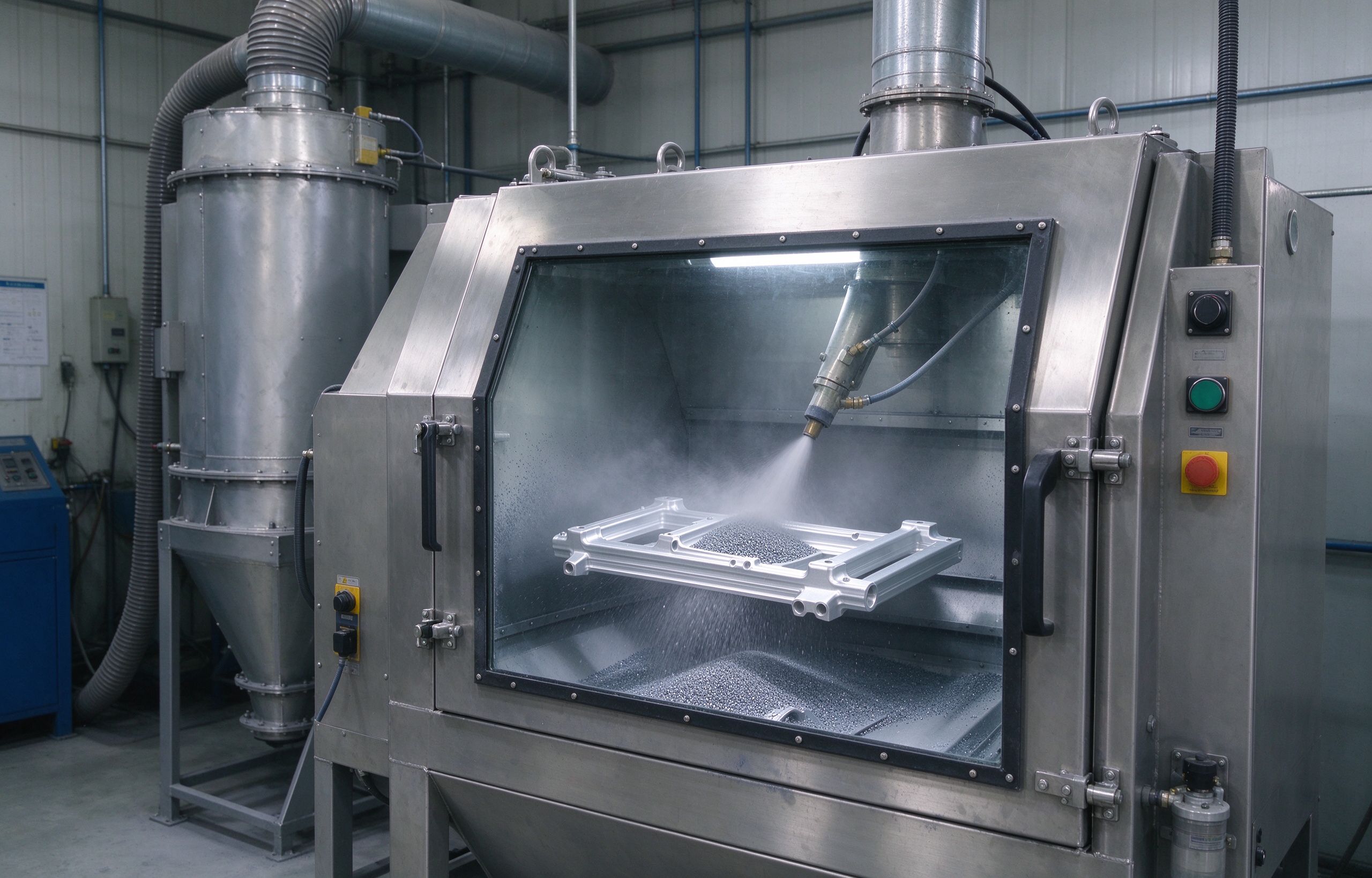 Industrial bead blasting cabinet processing aluminum parts