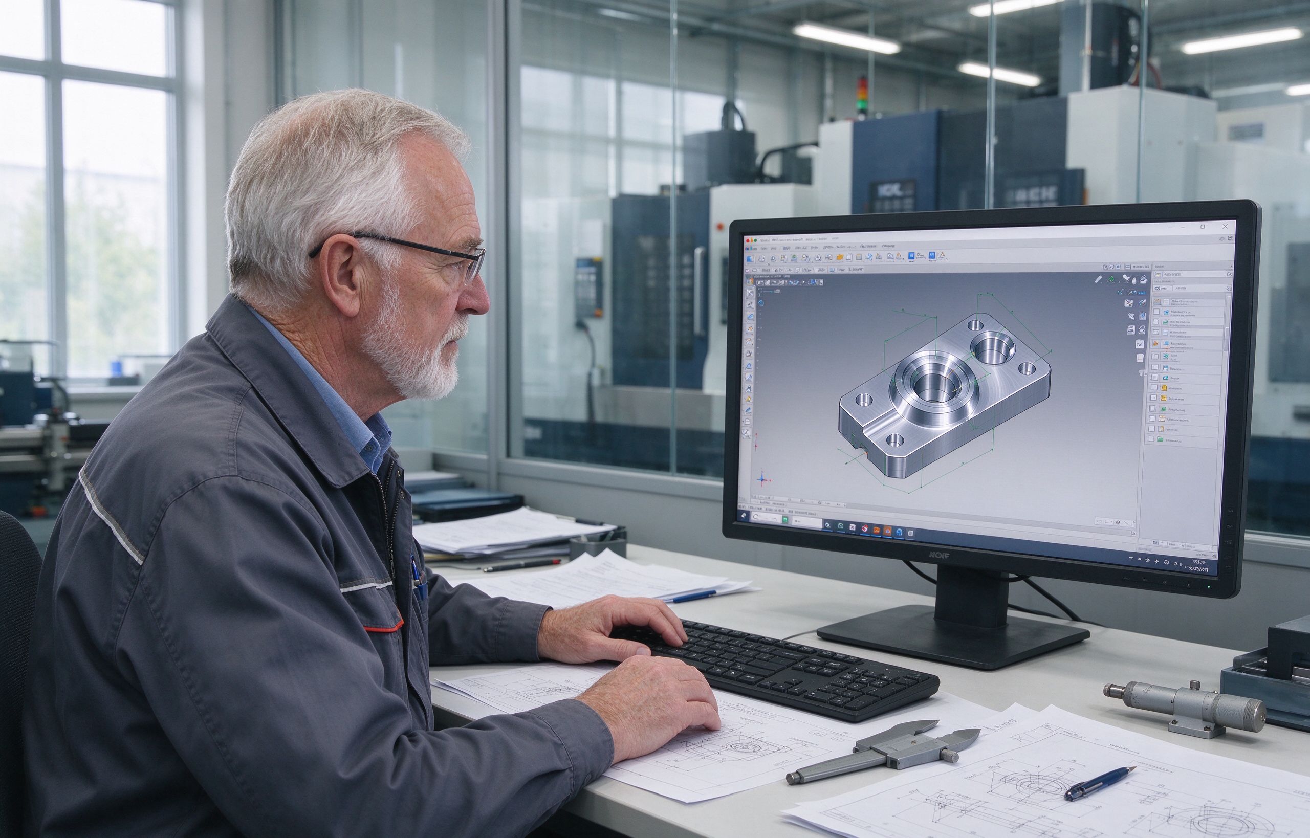 Manufacturing engineer reviewing CAD model for DFM