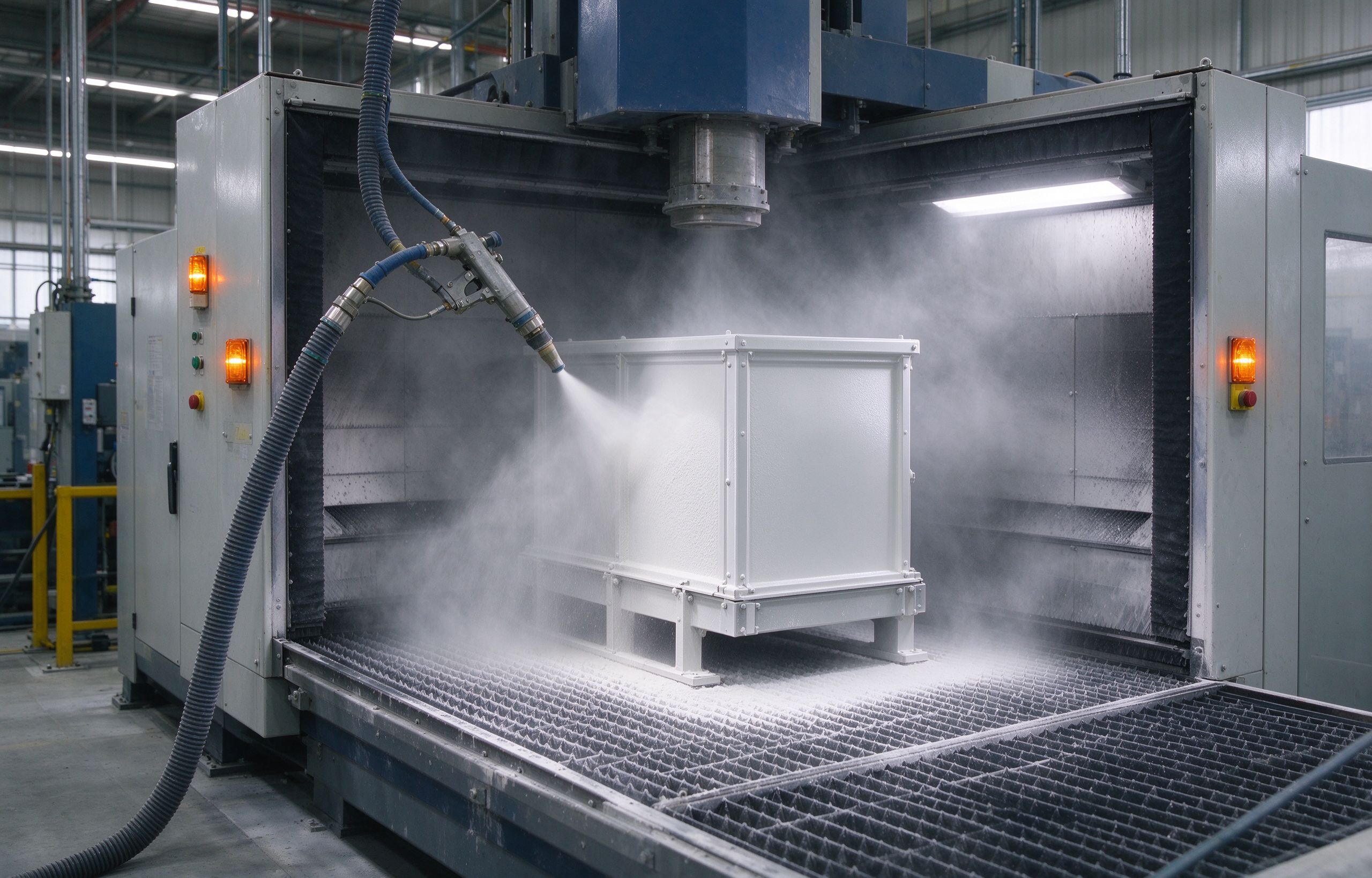 Powder coating spray booth applying white powder to enclosure