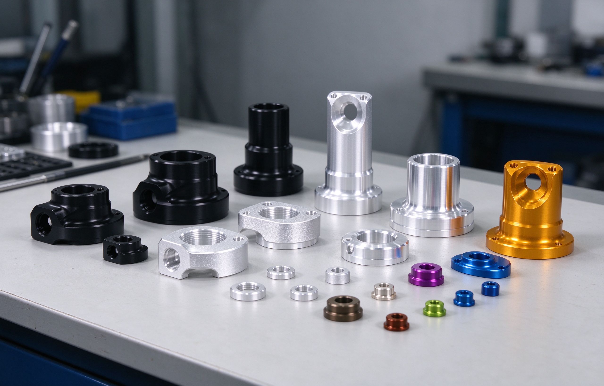 Precision machined parts with various anodized and plated finishes